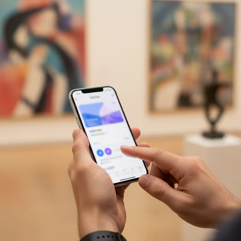 Close-up of user interacting with smartphone connected to Purple WiFi in Art Galleries setting