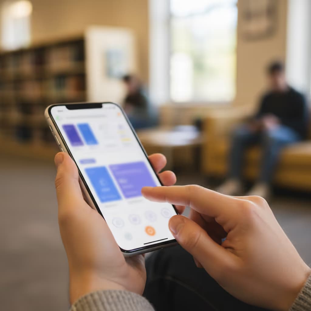 Close-up of user interacting with smartphone connected to Purple WiFi in Colleges setting