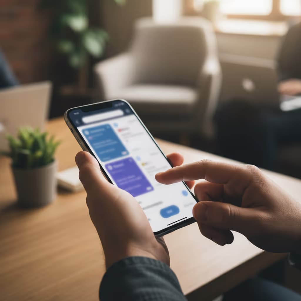 Close-up of user interacting with smartphone connected to Purple WiFi in Coworking Spaces setting