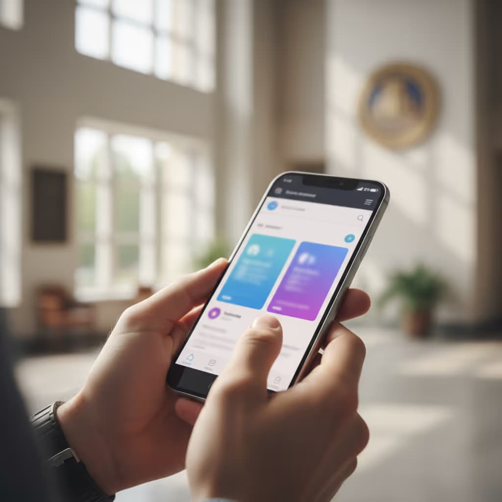 Close-up of user interacting with smartphone connected to Purple WiFi in Local Government setting