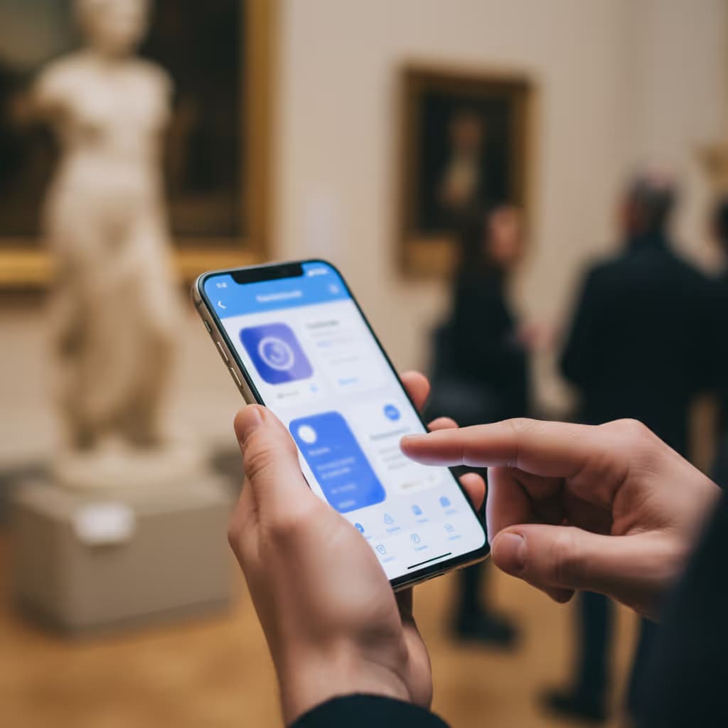 Gros plan d'un utilisateur interagissant avec un smartphone connecté au Purple WiFi dans un musée