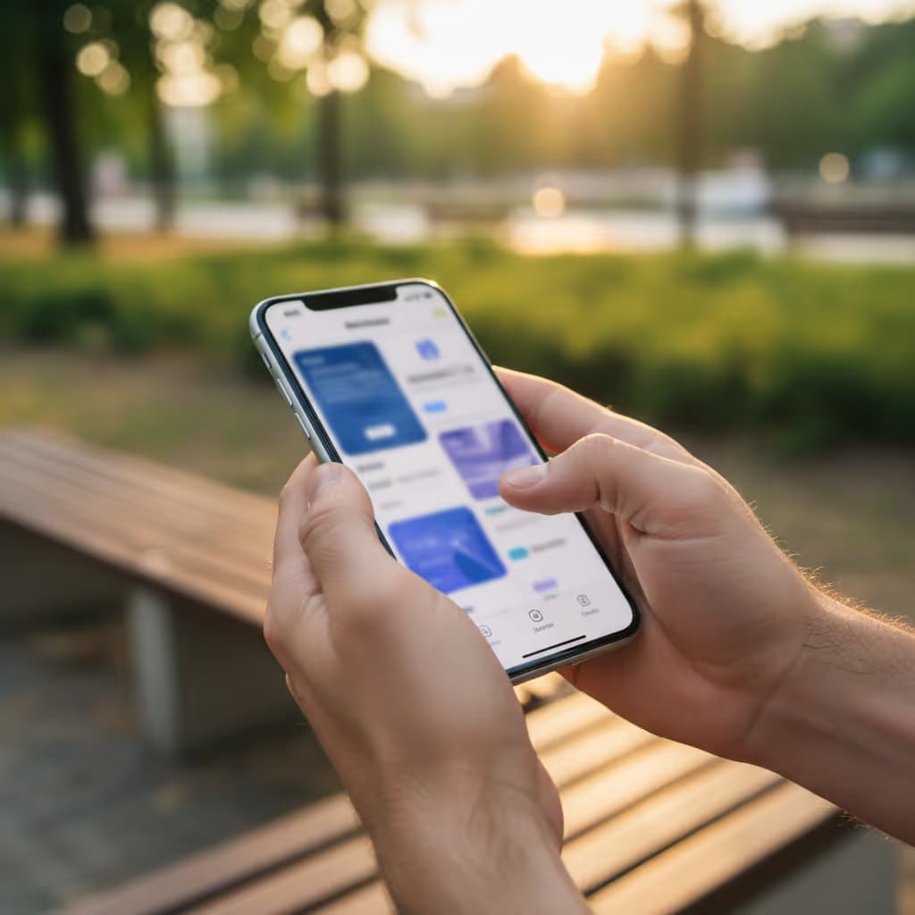 Gros plan d'un utilisateur interagissant avec un smartphone connecté à Purple WiFi dans un espace extérieur