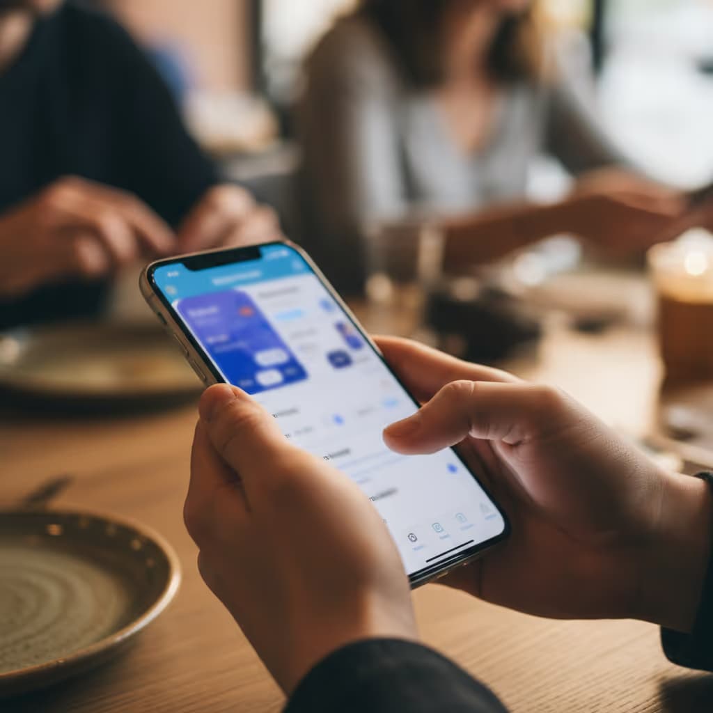 Close-up of user interacting with smartphone connected to Purple WiFi in Restaurants setting