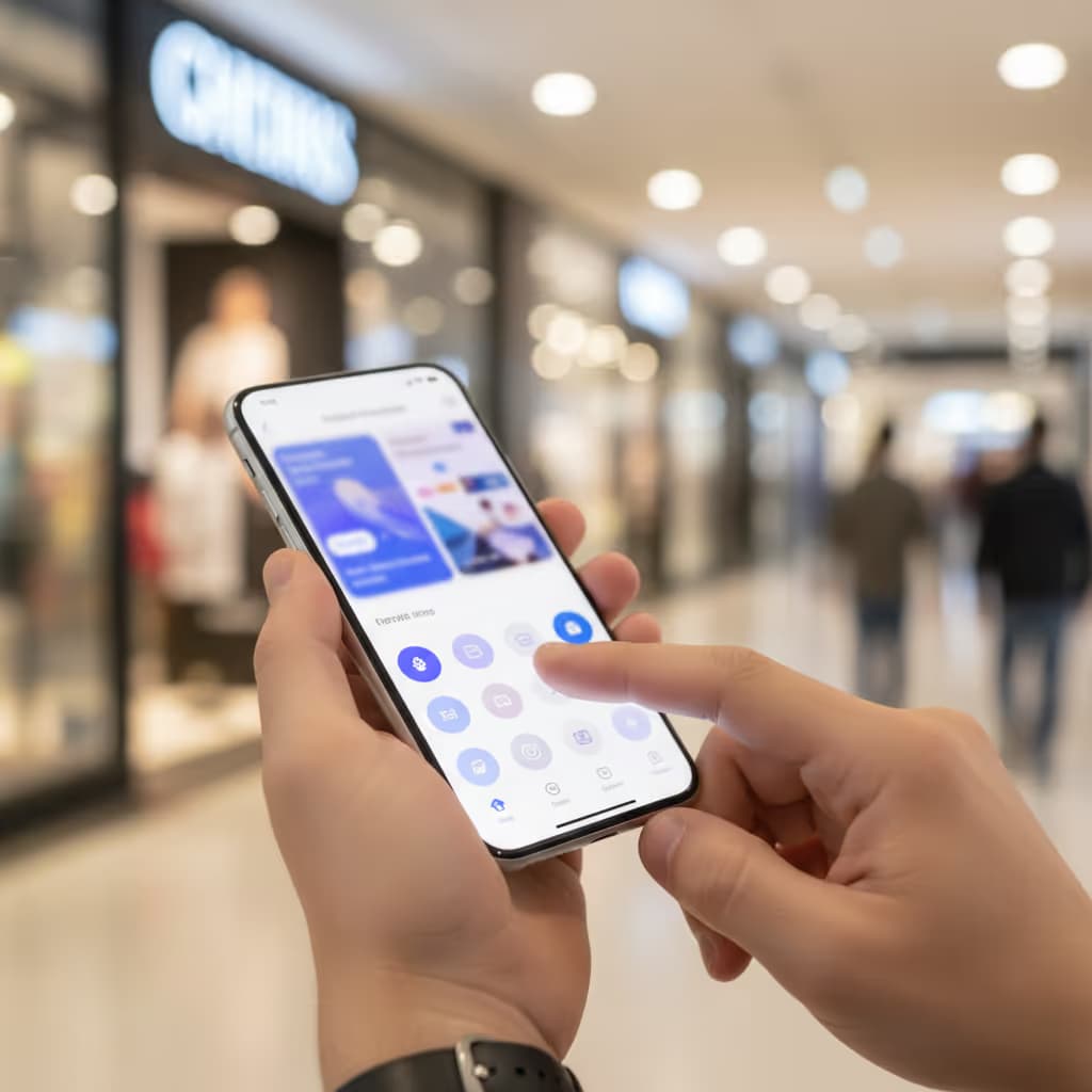 Close-up of user interacting with smartphone connected to Purple WiFi in Shopping Malls setting