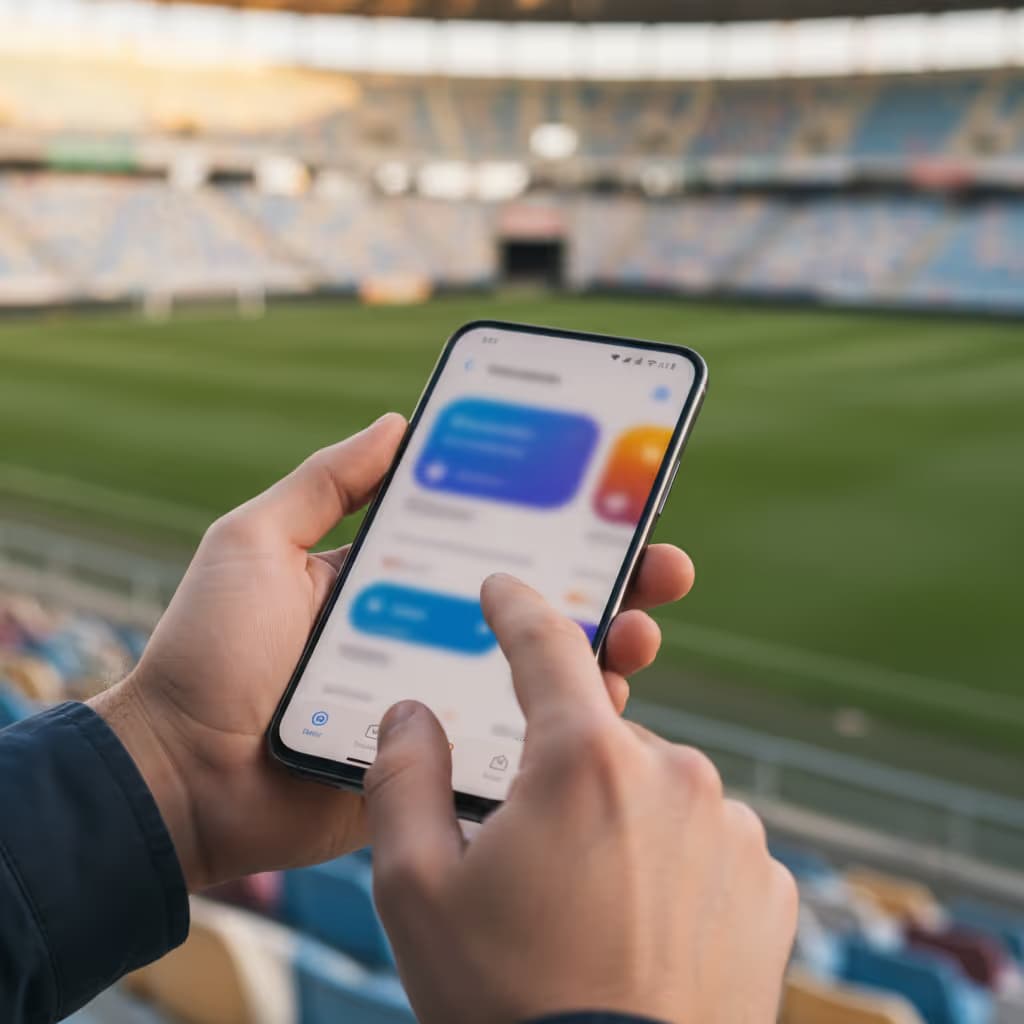Close-up of user interacting with smartphone connected to Purple WiFi in Stadiums setting