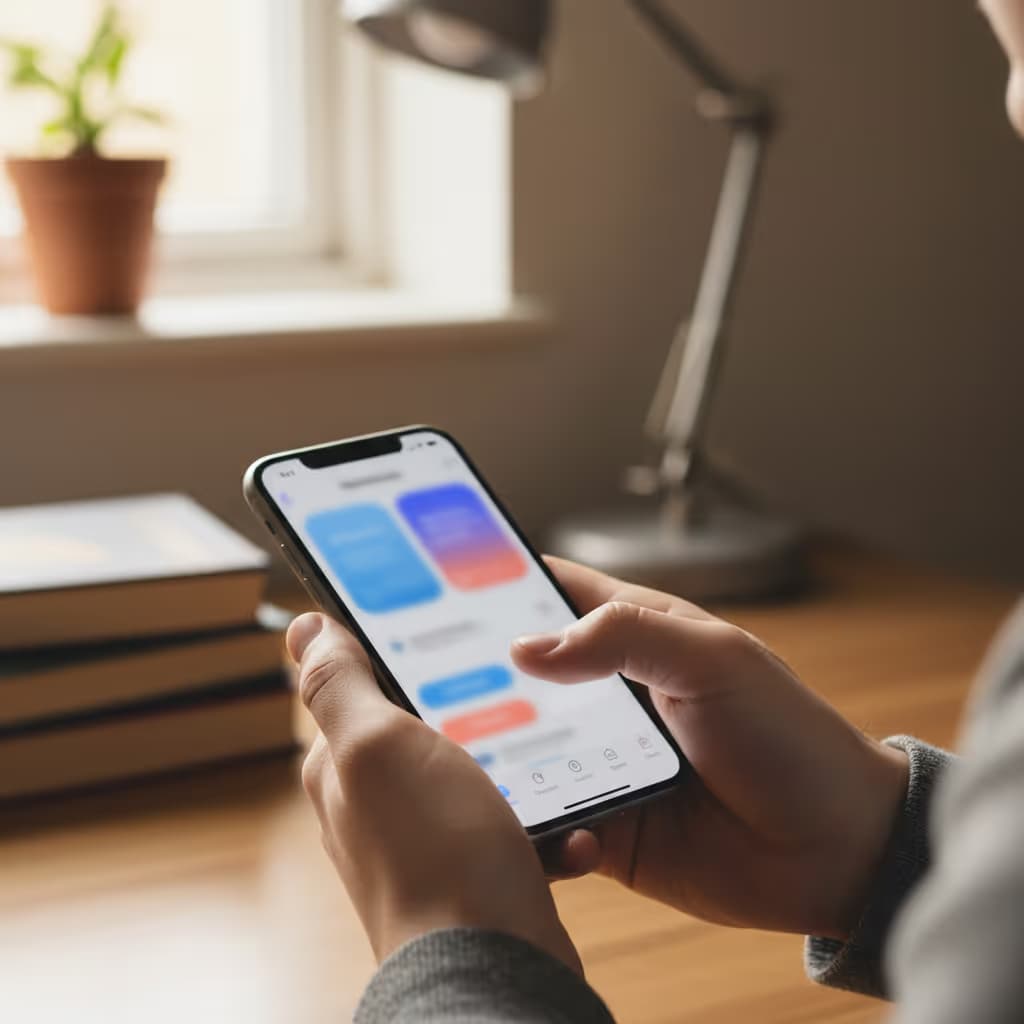 Close-up of user interacting with smartphone connected to Purple WiFi in Student Accommodation setting