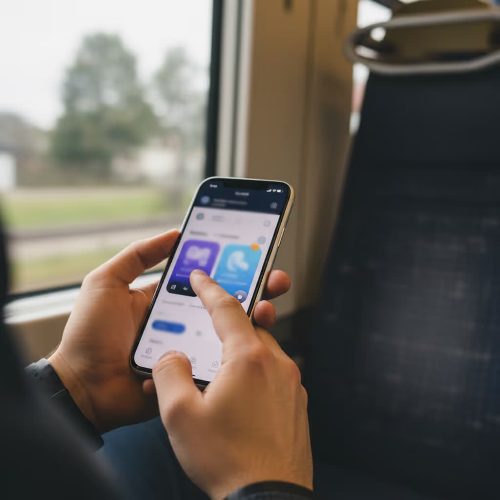 Close-up of user interacting with smartphone connected to Purple WiFi in Trains setting