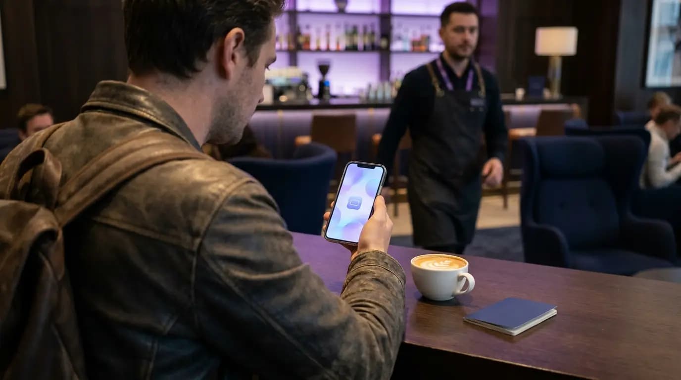 कॉफी शेजारी असलेल्या लाउंज बारमध्ये फोनवर WiFi वर साइन इन करणारा लाउंज अतिथी