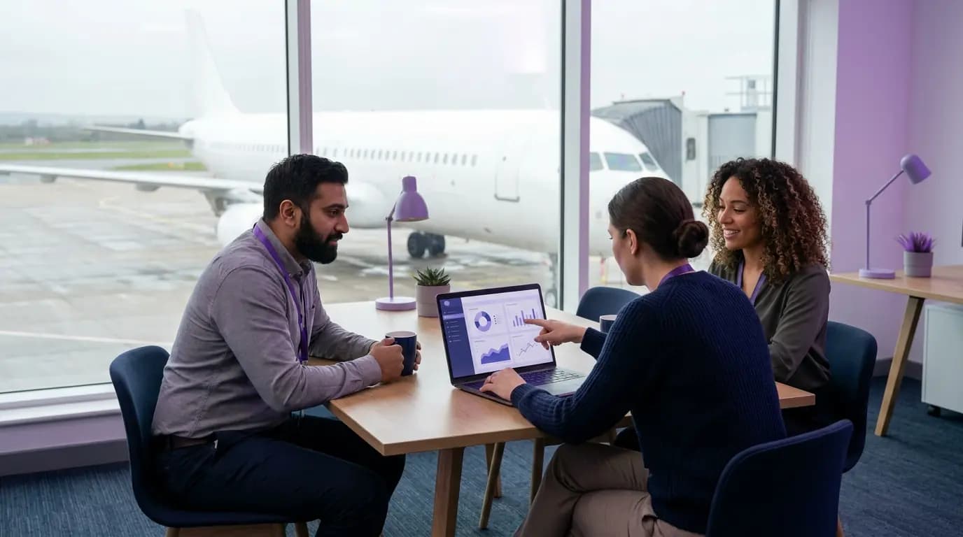एप्रनकडे तोंड असलेल्या कार्यालयात शांत प्रवासी डॅशबोर्डचे पुनरावलोकन करणारी एअरलाइन लॉयल्टी आणि IT टीम