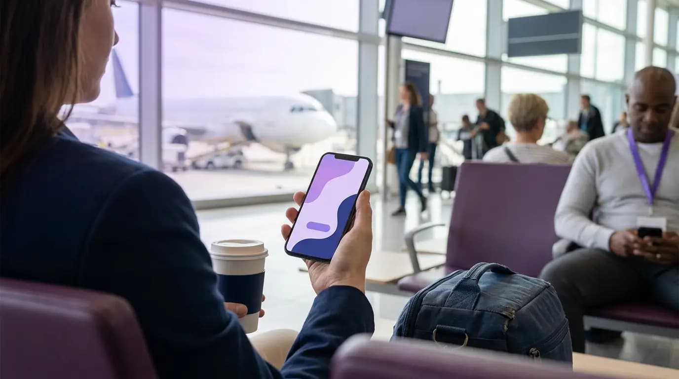 A passenger at a departure gate buying a WiFi day pass on their phone