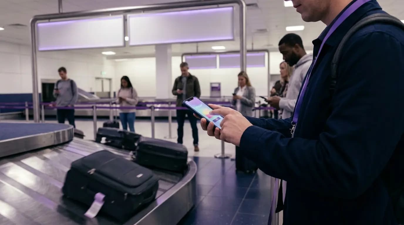 A passenger answering a short survey on their phone while waiting at baggage reclaim