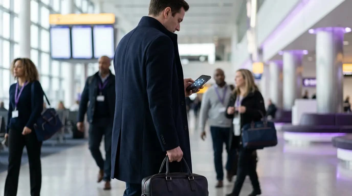 A business traveller walking through a terminal as their phone connects to the WiFi automatically