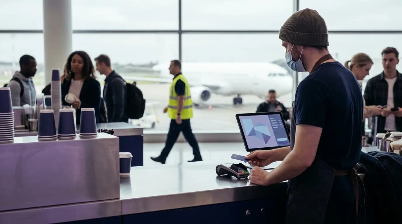 Airport staff at a concession counter with a card terminal and tablet while a ground handler passes behind