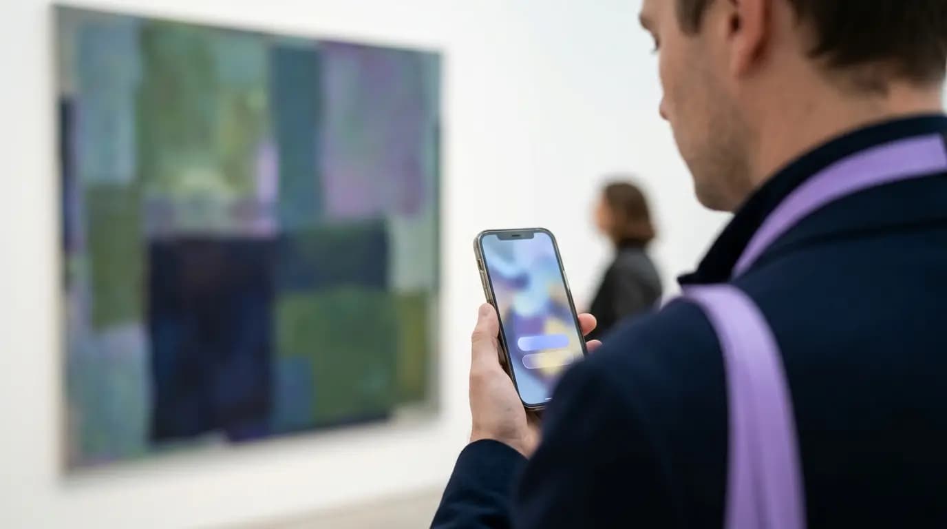 Un visitante iniciando sesión en el WiFi de la galería en un teléfono en una sala de exposición tranquila