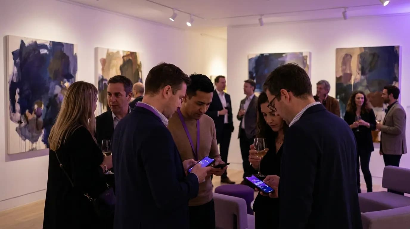 Visitantes en una apertura nocturna en una galería con lienzos abstractos colgados