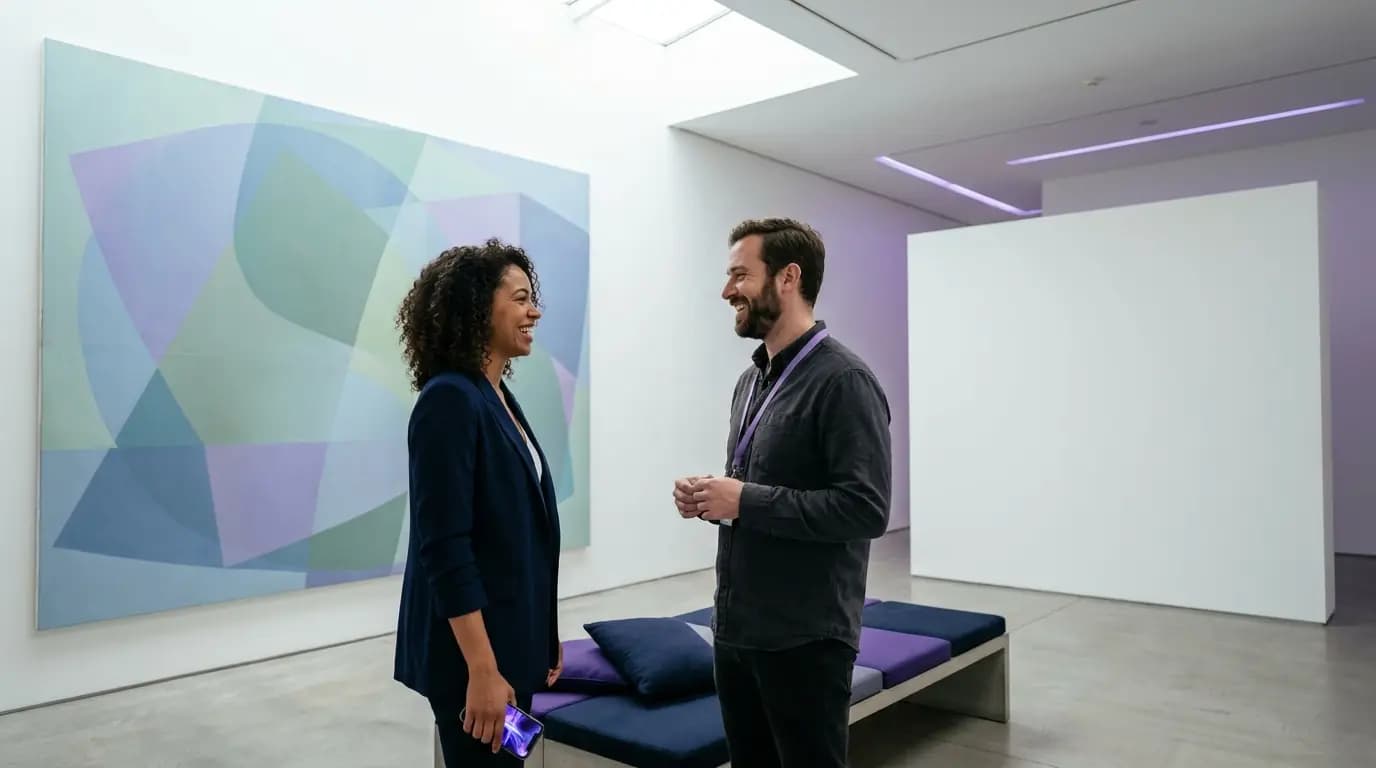 Dos amigos conversando frente a un gran lienzo abstracto en una galería contemporánea