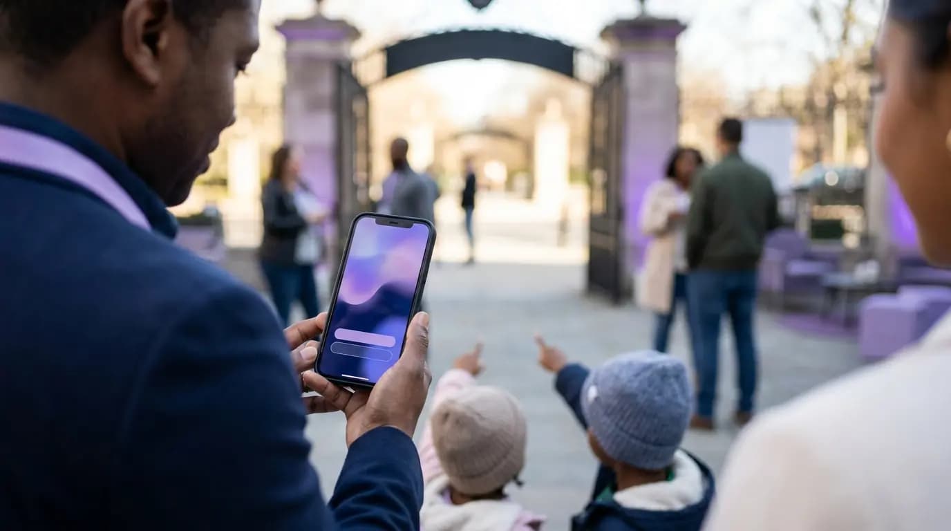 Une famille se connectant au WiFi visiteur sur un téléphone à l'entrée d'une attraction