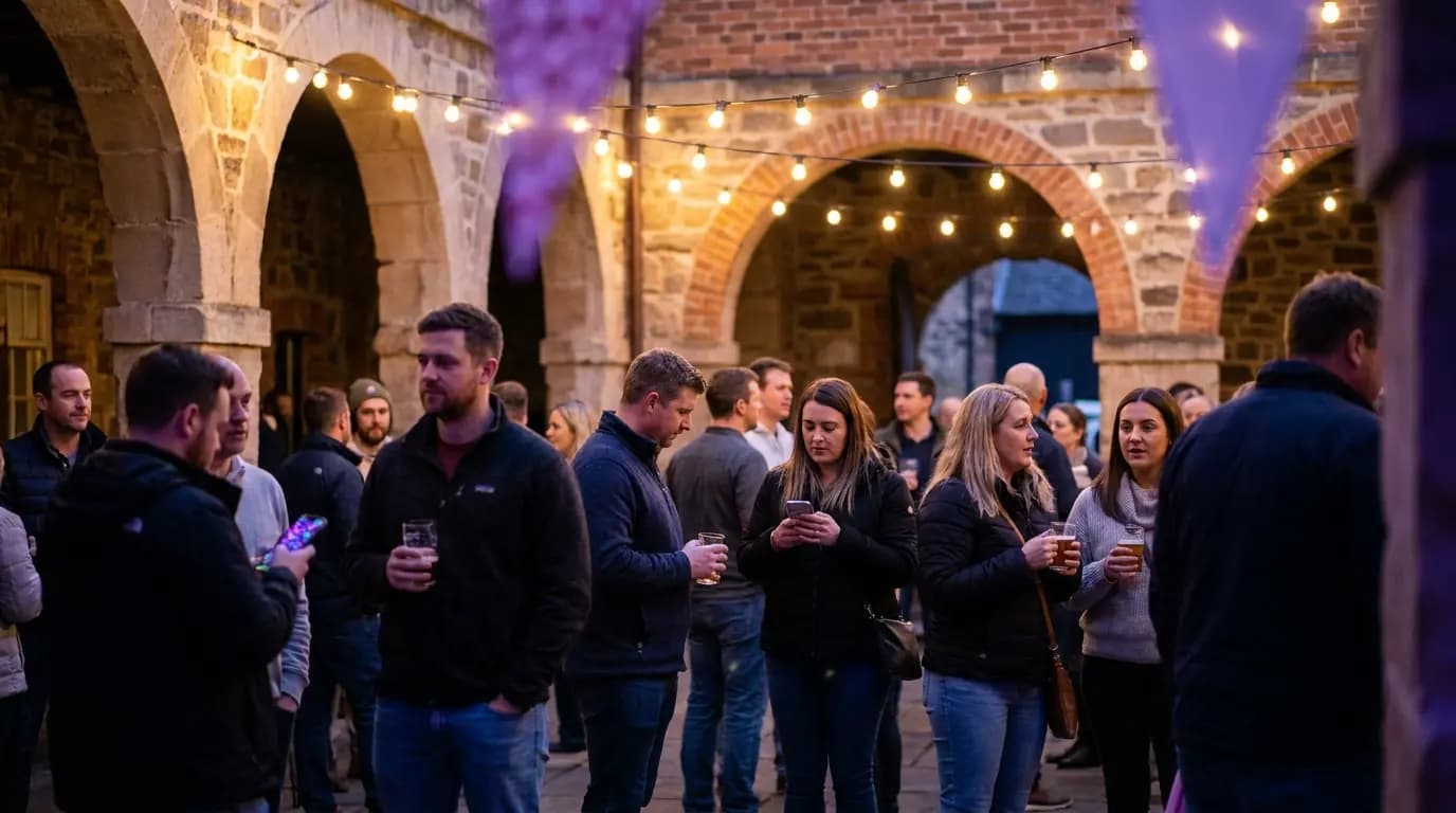 Des visiteurs lors d'un événement en soirée dans une cour historique, éclairée par des guirlandes lumineuses