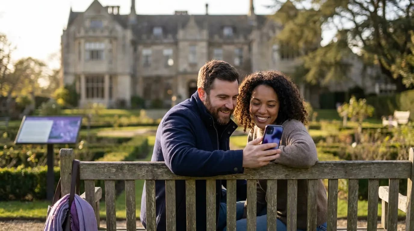 Un couple partageant des photos sur un téléphone, assis sur un banc dans les jardins d'une demeure historique
