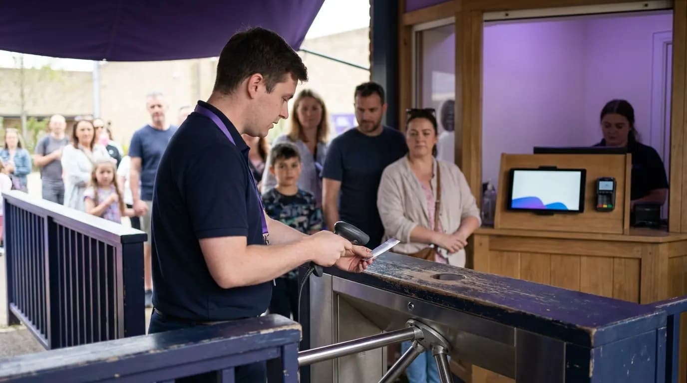 Un membre du personnel scannant des billets sur un appareil portable à l'entrée d'une attraction
