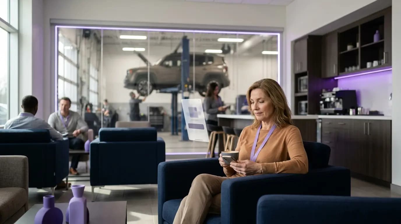 A customer relaxing with a coffee and her phone in a dealership service lounge while her car is in the workshop