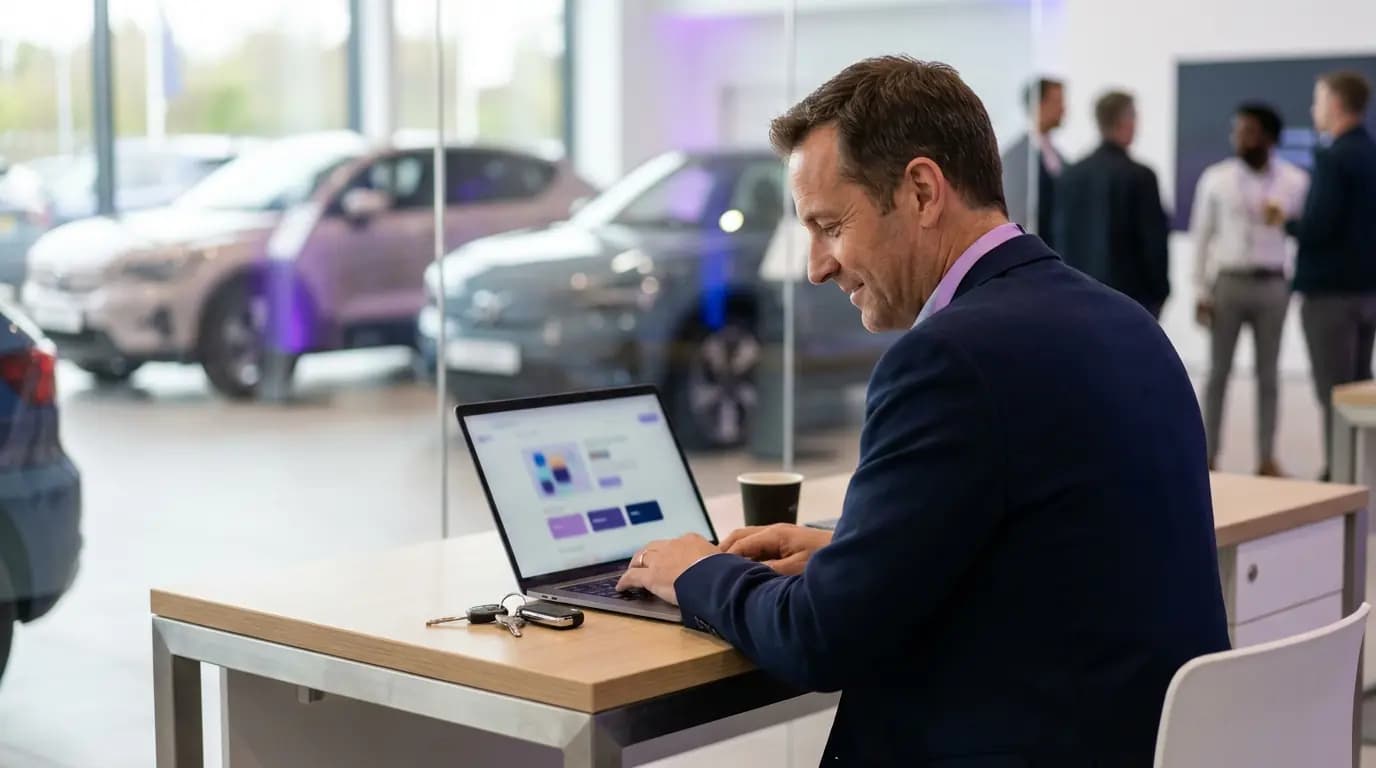 A sales executive at a showroom desk reviewing a list of new contacts on a laptop