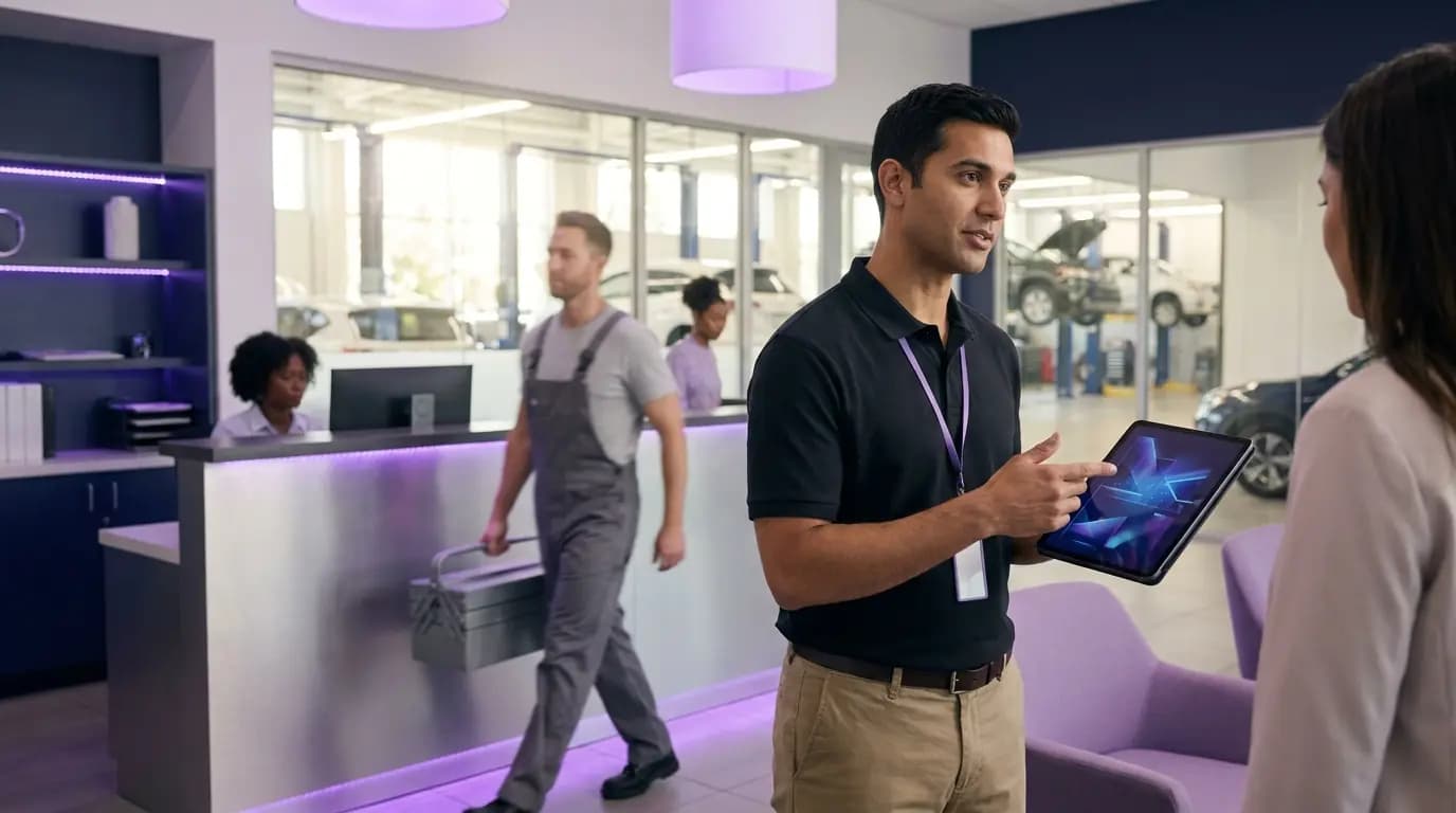 A service advisor at a workshop reception desk using a tablet as a technician walks past