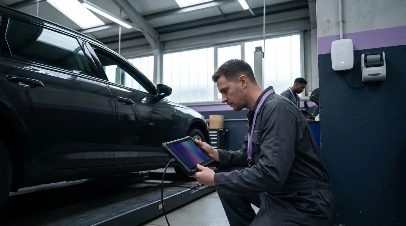A technician in a clean workshop using a diagnostic tablet beside a car on a ramp