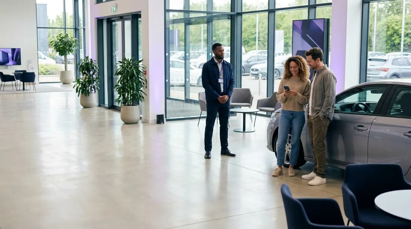 A couple looking at a new car in a bright dealership showroom while a sales executive waits nearby