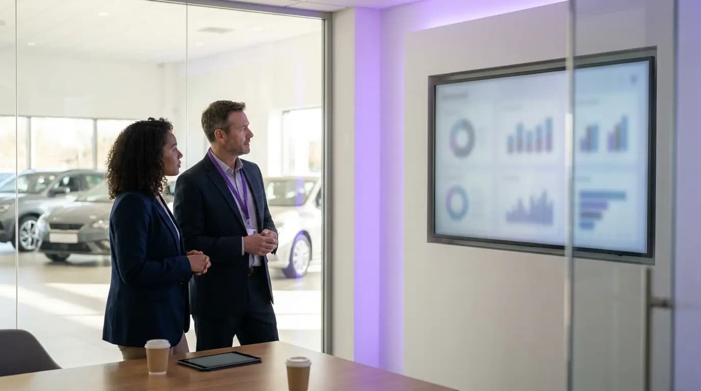 A dealer group marketing manager and dealer principal reviewing a calm dashboard in a showroom office
