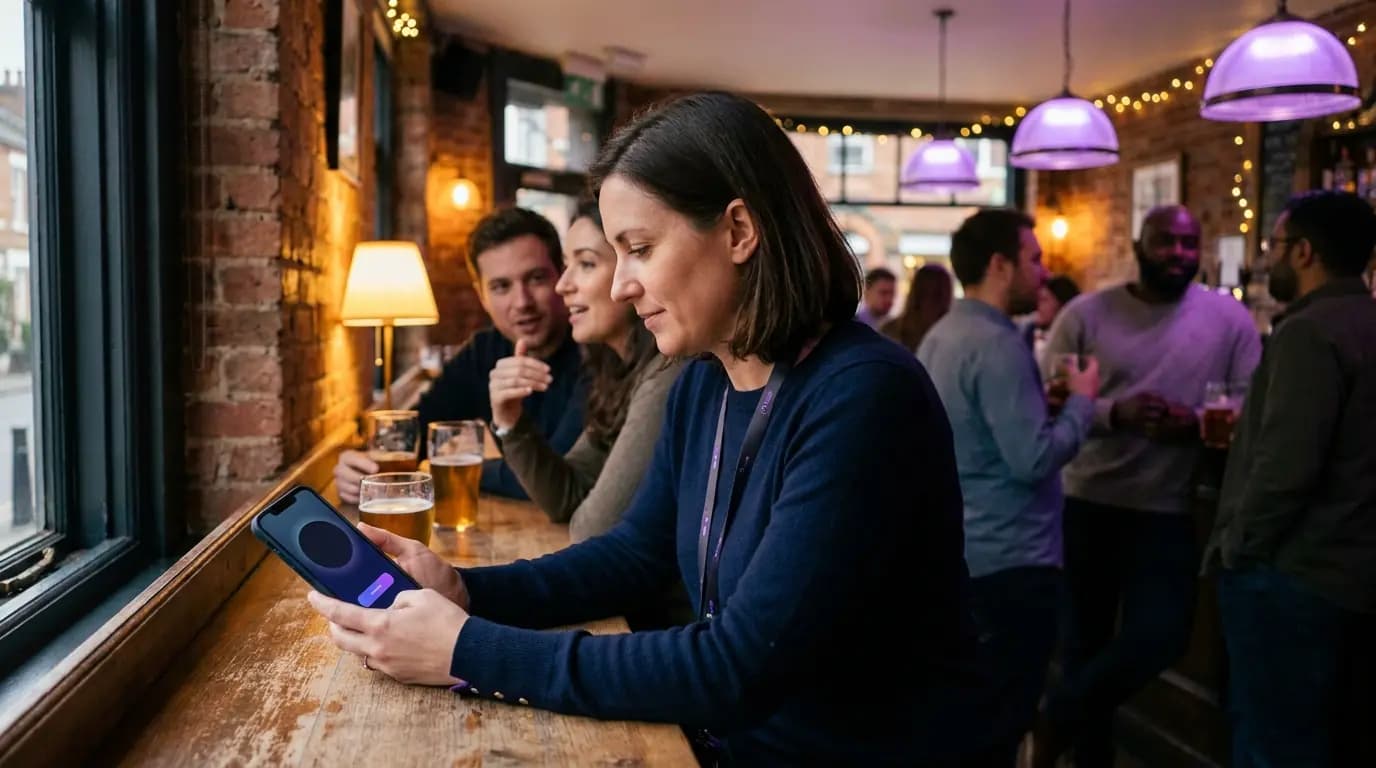 पब की टेबल पर बैठी एक मेहमान अपने फोन पर WiFi में साइन इन कर रही है जबकि उसके दोस्त बातचीत कर रहे हैं