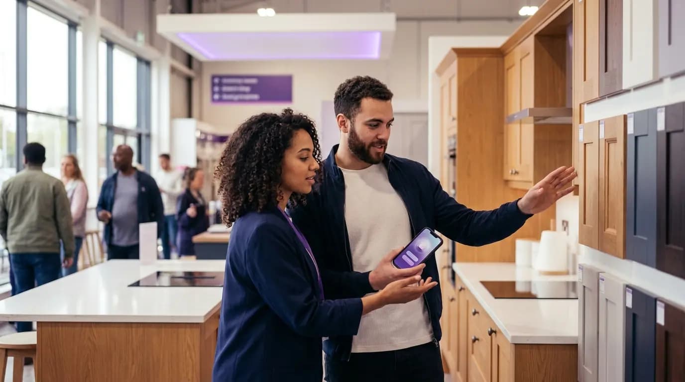 Una pareja en una tienda de bricolaje respondiendo a una breve encuesta en un teléfono junto a una exposición de muebles de cocina