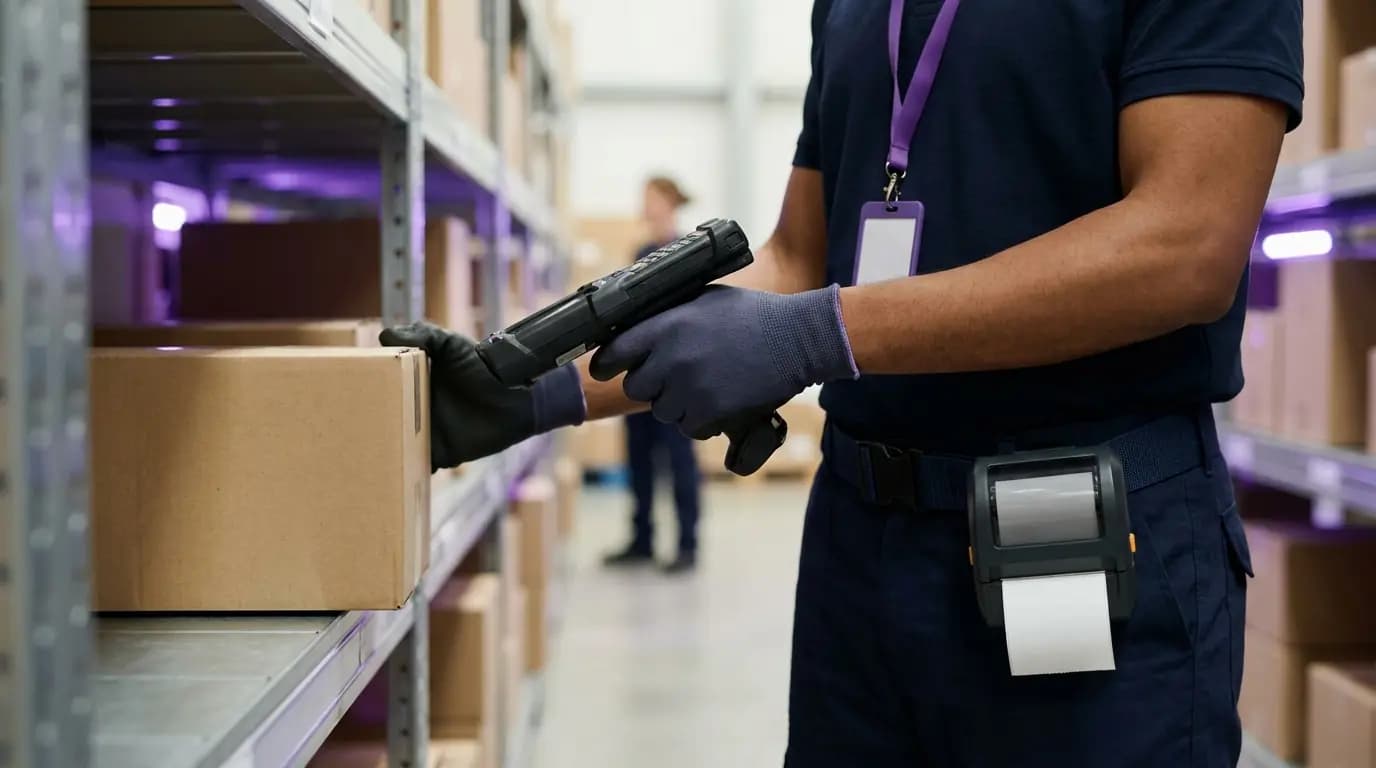 Un empleado escaneando cajas con un escáner de mano en un estante de almacén