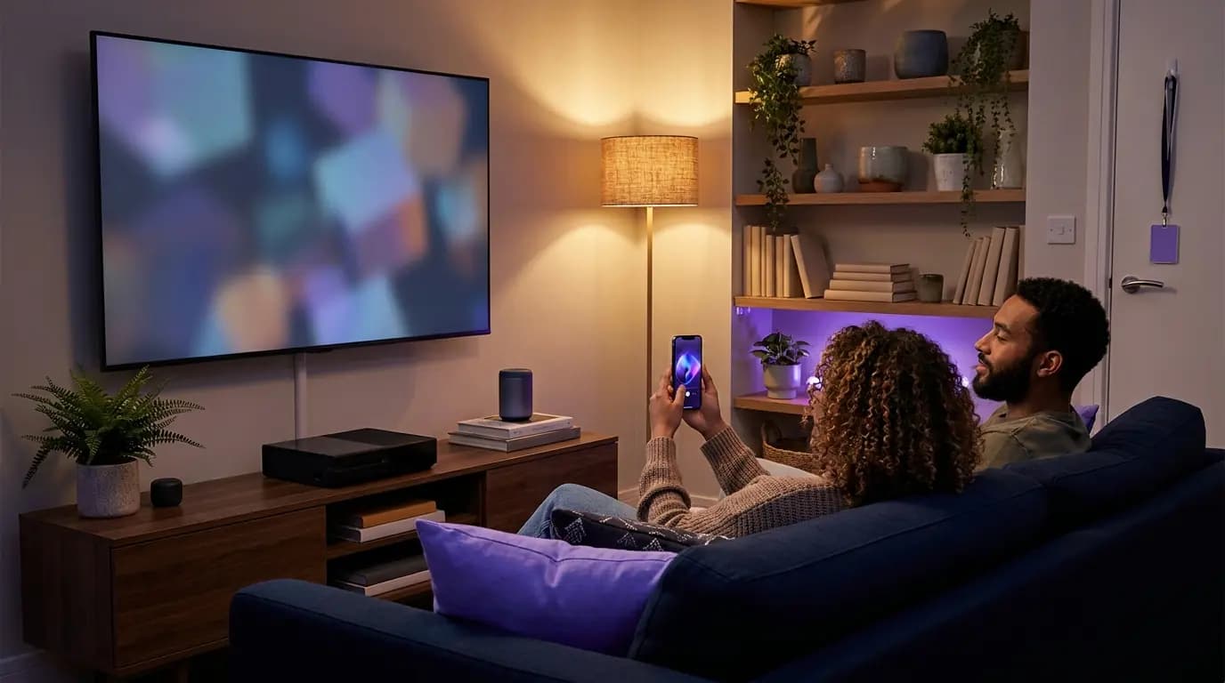 A resident on the sofa in a build-to-rent apartment casting from a phone to a smart TV