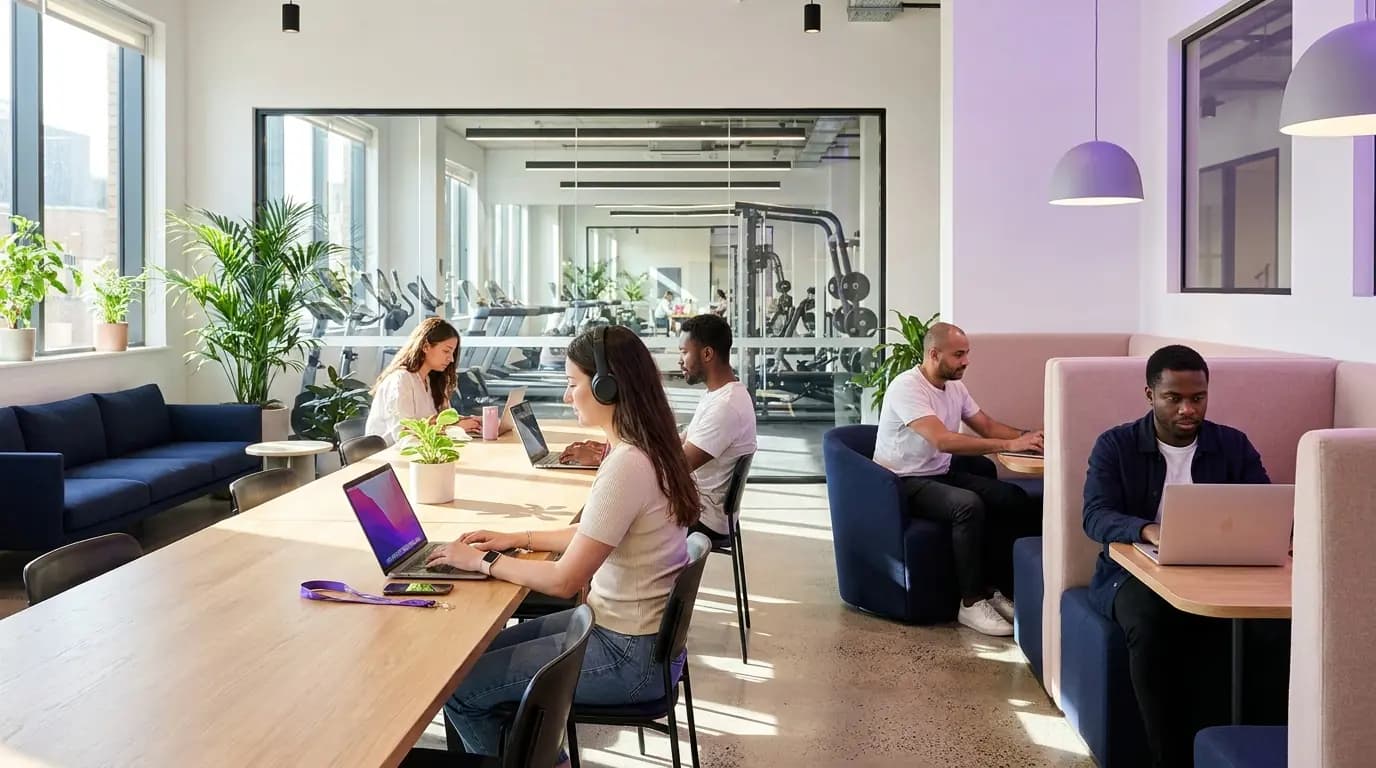 Residents working on laptops in a bright co-working lounge in a build-to-rent building