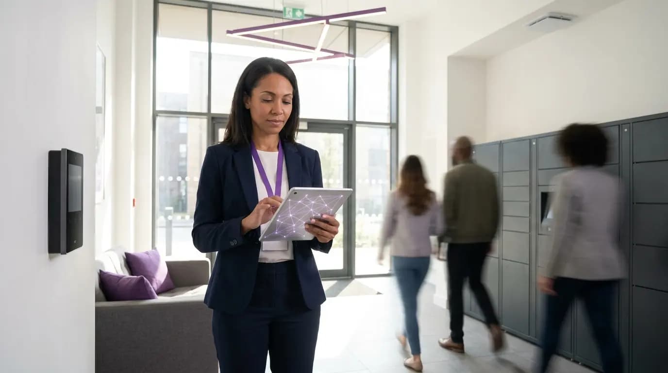A building manager checking a tablet beside a door access panel in a build-to-rent residents' lobby