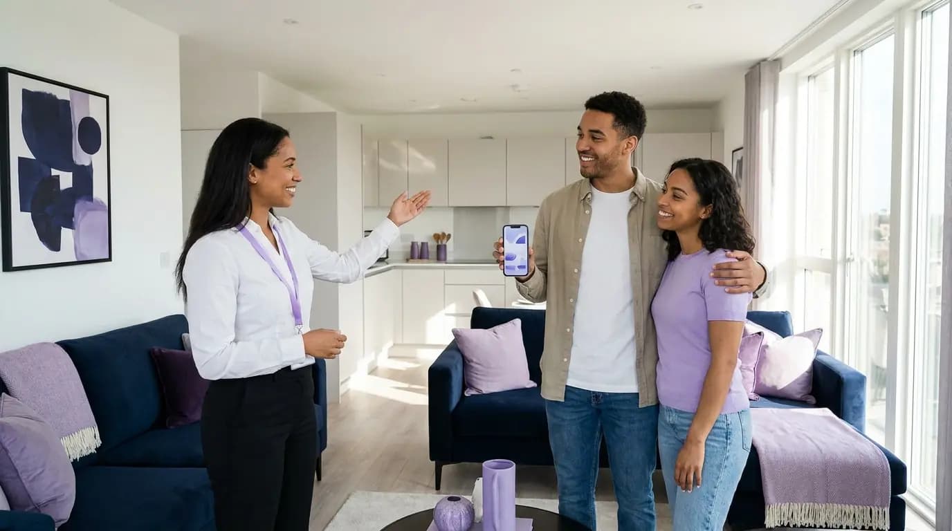 A leasing agent showing a couple around a furnished show apartment while one of them holds a phone