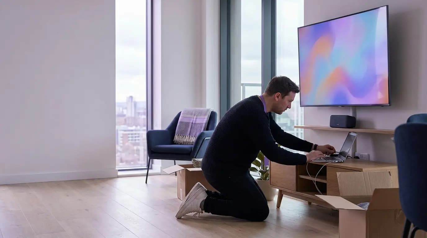 A resident unpacking in a new build-to-rent apartment, connecting a laptop while a smart TV and speaker sit on the sideboard