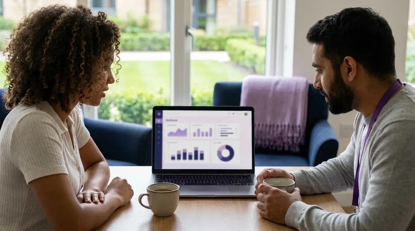 A build-to-rent operations manager and IT lead reviewing a calm network dashboard in a residents' lounge