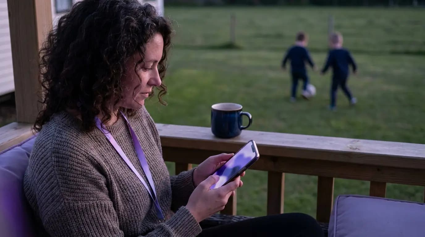 Un padre o madre relajándose en la terraza de una caravana con un teléfono y una taza de té mientras los niños juegan a lo lejos en el césped