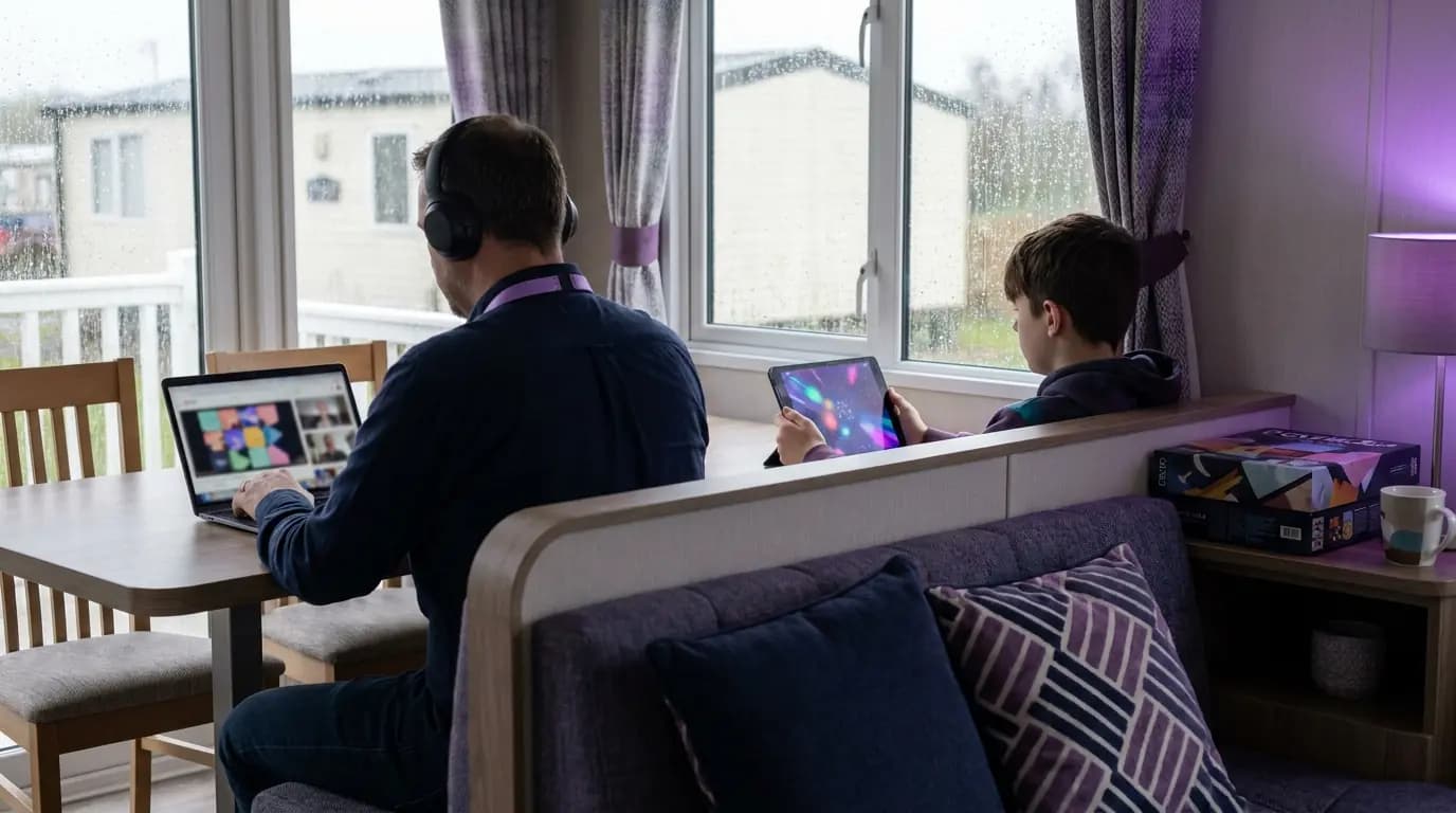 Un padre o madre en una videollamada con el portátil en la mesa de comedor de una caravana mientras un adolescente, visto de espaldas, reproduce contenido en una tableta en el sofá