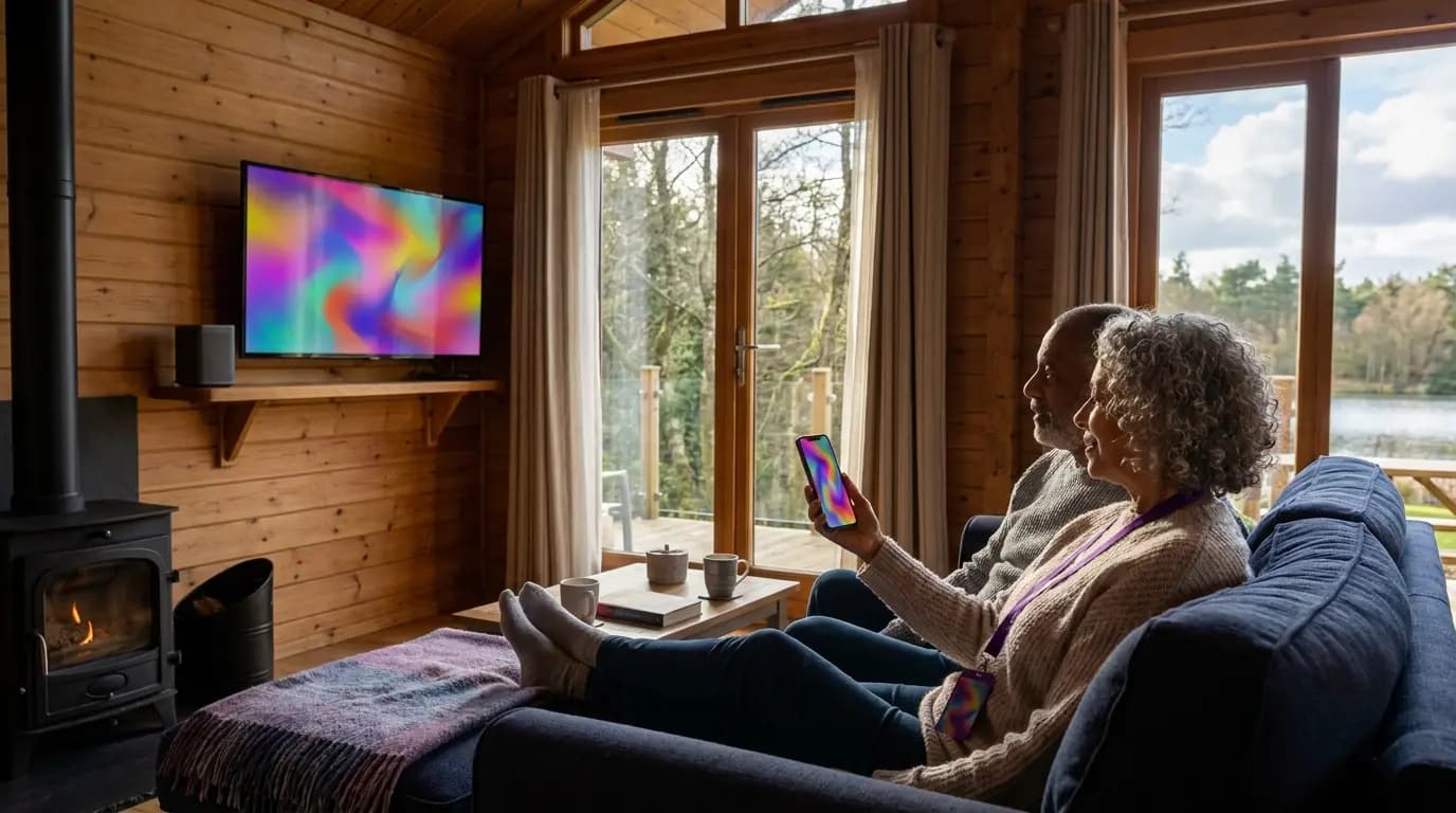 Una pareja de mediana edad en el sofá de su cabaña de vacaciones transmitiendo una película desde un teléfono a una smart TV