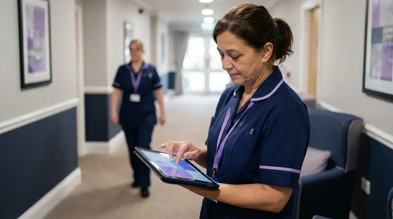 Un assistente aggiorna le note di cura di un residente su un tablet portatile in un tranquillo corridoio di una casa di cura