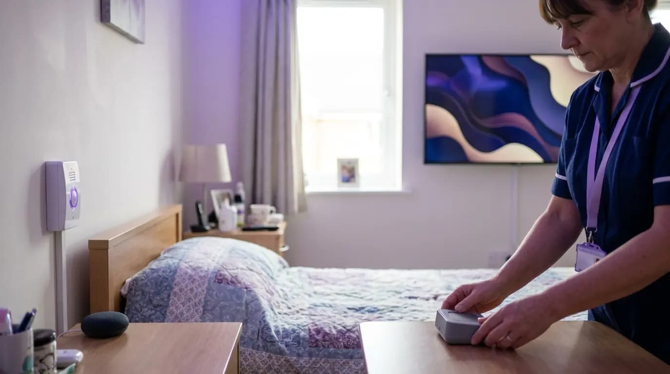 Una camera ordinata di una casa di cura con un punto di chiamata a parete, un sensore a bordo letto e una smart TV, con un assistente che regola un dispositivo