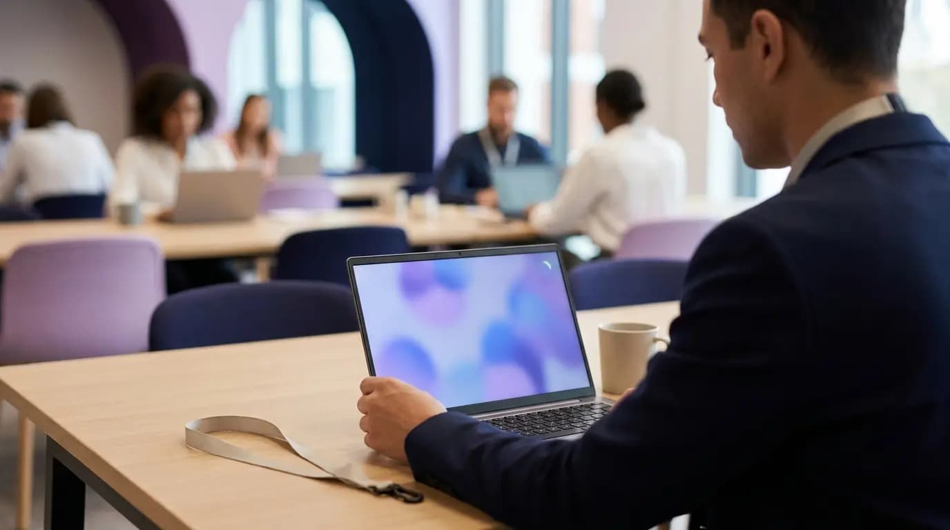 Un dipendente pubblico apre un laptop su una postazione condivisa mentre si connette automaticamente alla rete dell'ufficio