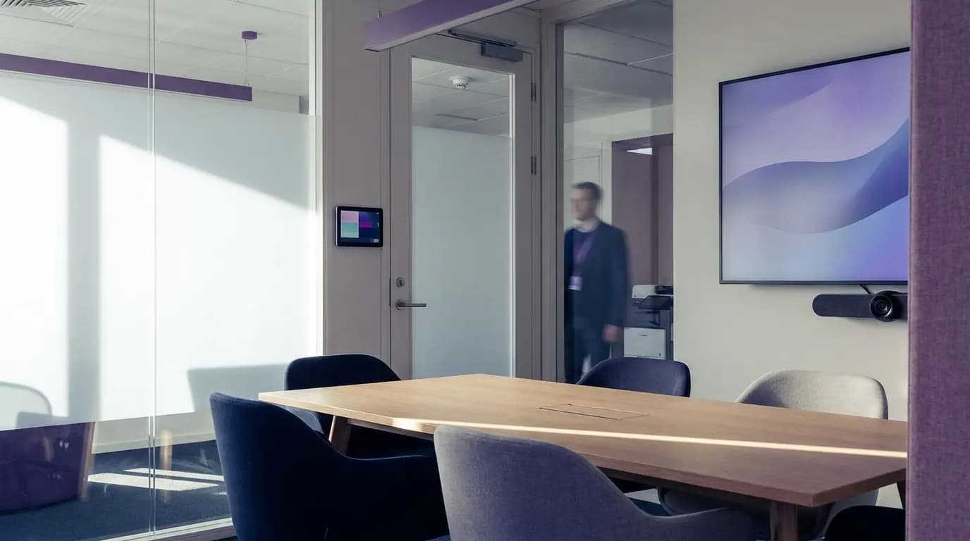 Una sala riunioni silenziosa con uno schermo a parete, una telecamera per videoconferenze e un pannello touch accanto alla porta