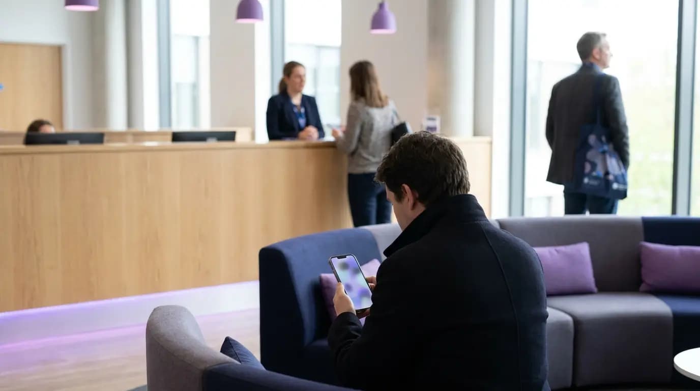 Un visitatore connette un telefono al WiFi per ospiti mentre aspetta in una luminosa area reception pubblica