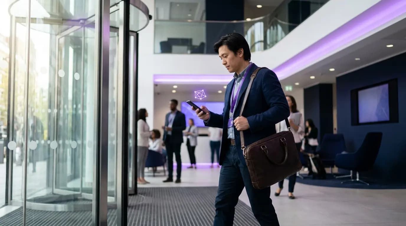 Una dipendente pubblica con una borsa per laptop entra nella hall di un ufficio regionale mentre il suo telefono si connette automaticamente