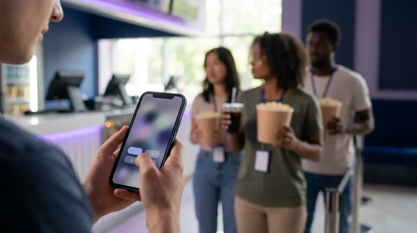 सिनेमा फ़ोयर में दोस्तों का एक ग्रुप, जिसमें से एक फोन पर WiFi में साइन इन कर रहा है जबकि अन्य स्नैक्स के लिए कतार में खड़े हैं