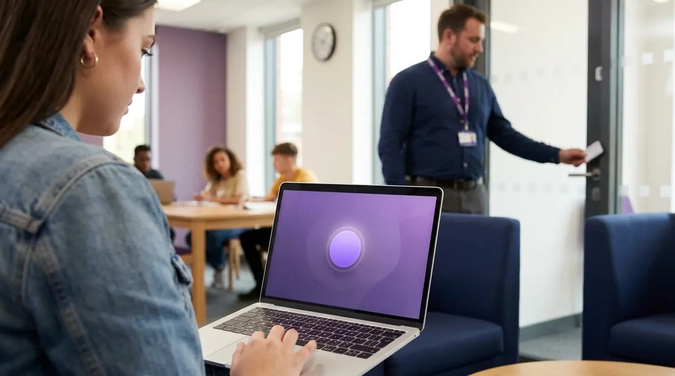 Ein Student meldet sich auf einem Laptop im Campus-WiFi an, während ein Mitarbeiter eine Tür mit einem Ausweis öffnet